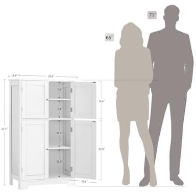 Iwell Bathroom Floor Storage Cabinet with 2 Adjustable Shelves & 4 Doors, Freestanding Bathroom Cabinet, Cupboard for Living Room, Entryway, Home Office, White - Image 3
