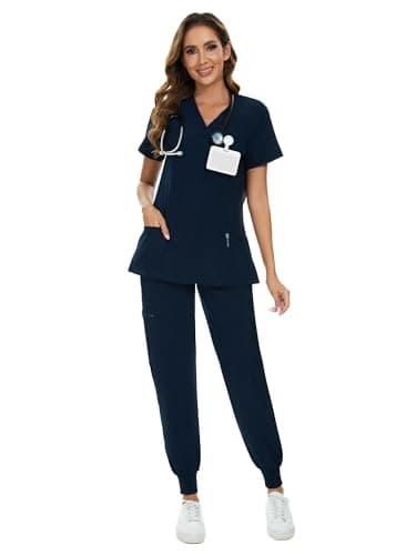COZYFIT Scrubs for Women Set - Stretch V-Neck Scrub Top & Jogger Pant with 8 Pockets, Yoga Waistband, Anti Wrinkle, Slim Fit Women Scrubs, Navy Blue - Image 1