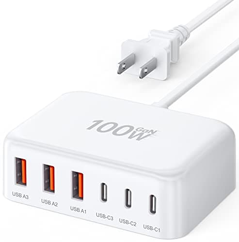 USB C Fast Charger, 100W GaN 6 Port Type C Charging Station Hub Block Cube, USB C Wall Charger Power Strip Adapter Plug for iPad iPhone 17 16 15 14 13 12 Pro Max Pixel Note Galaxy, 5ft Cord - Image 1