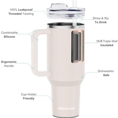 Greatyos 40 oz Tumbler with Handle and Straw Lid Insulated Tumblers Cups with Lids Straws Double Wall Vacuum Stainless Steel 40oz Tumbler Travel Mug Gifts for Men Women Him Her (Rose Quartz) - Image 2