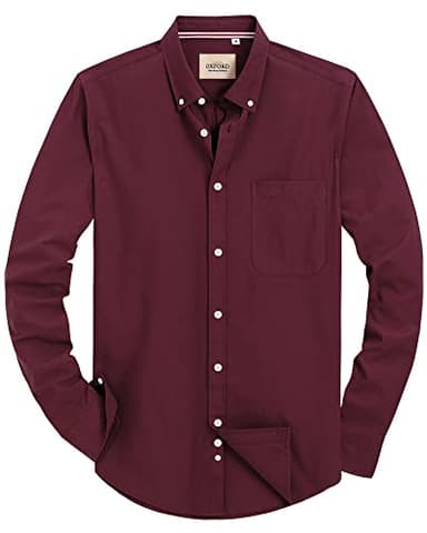 Alimens & Gentle Mens Solid Oxford Shirt Long Sleeve Dress Shirt Work Casual Button Down Shirts with Pocket Wine Red - Image 1