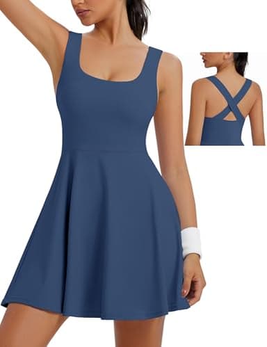 TQD Women's Athletic Tennis Dress with Built in Shorts and Bra Square Neck Exercise Workout Active Sport Dress with Shorts Underneath and Pockets Golf Dresses Outfits for Women Trendy 2025 Navy M - Image 1