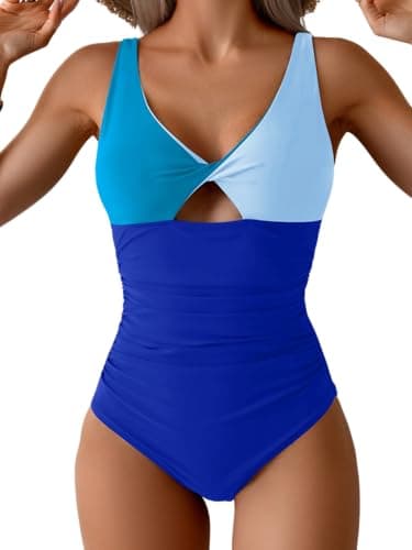 B2prity One Piece Swimsuit for Women Tummy Control Ruched Bathing Suit V Neck Cutout Swimwear - Image 1