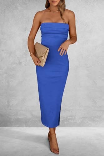PRETTYGARDEN Women's Summer Bodycon Maxi Tube Dress Ribbed Strapless Side Slit Long Going Out Casual Elegant Party Dresses (Blue,Medium) - Image 7