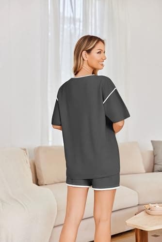 Ekouaer 2 Piece Sets for Women Summer Outfits Casual Short Sleeve Knit Sweater Tops Matching Shorts Tracksuit Lounge Sets - Image 4