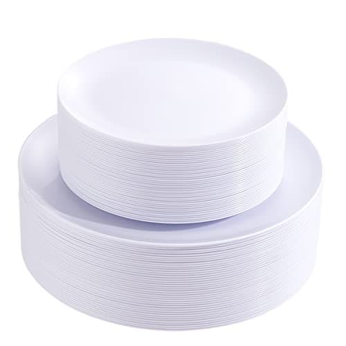 PULOTE 100PCS White Plastic Plates Disposable - Heavyweight 50 White Dinner & 50 Dessert/Salad Plates for Wedding, Party - Image 1
