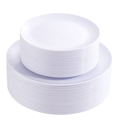 PULOTE 100PCS White Plastic Plates Disposable - Heavyweight 50 White Dinner & 50 Dessert/Salad Plates for Wedding, Party - Image 1