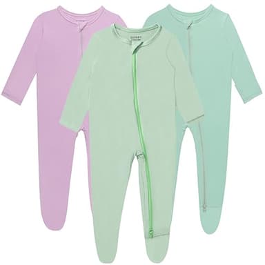 GUISBY Baby Footed Pajamas with Mittens, rayon made from bamboo Long Sleeve with 2 Way Zipper Sleepers 3-pack 0-3 Months - Image 1