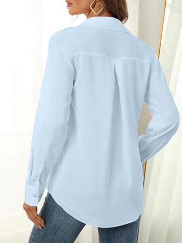Light Blue Tops for Women Soft Chiffon Business Casual Button Up Shirt Fall Clothes Ladies Fashion Outfits Western Work Trendy Clothing Dusty Pale Light Blue Size S - Image 2