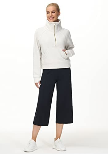 THE GYM PEOPLE Women's Half Zip Pullover Sweatshirt Fleece Stand Collar Crop Sweatshirt with Pockets Thumb Hole Off-white - Image 7