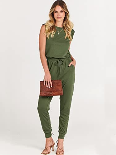 ANRABESS Womens Summer Sleeveless Jumpsuits Casual Dressy Stretchy Crewneck Rompers One Piece Outfits Fall Fashion 2025 Army Green Small - Image 2