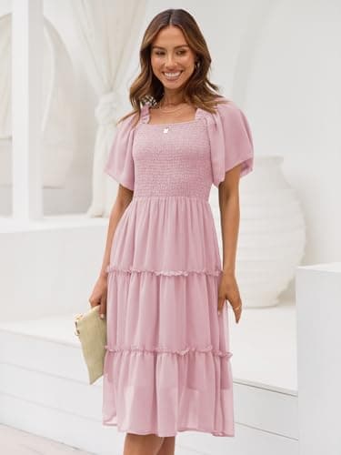 LILLUSORY Women Dresses Spring Summer 2025 Midi Graduation Bridal Baby Shower Casual Flowy Boho Sun Sundress Trendy Brunch Cute Ladies Vacation Beach Fashion Smocked Teacher Clothes Outfits Pink S - Image 2