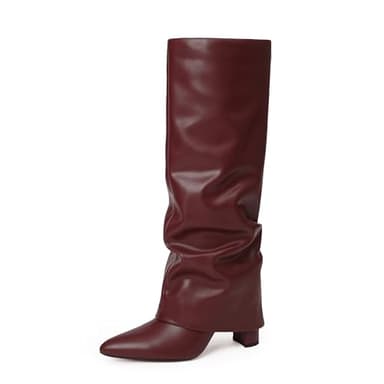 Modatope Burgundy Slouchy Shark Knee High Boots for Women Chunky Heel Fold Over Boots Pointed Toe Tall Boots Zipper Long Boot Size 6.5 - Image 1