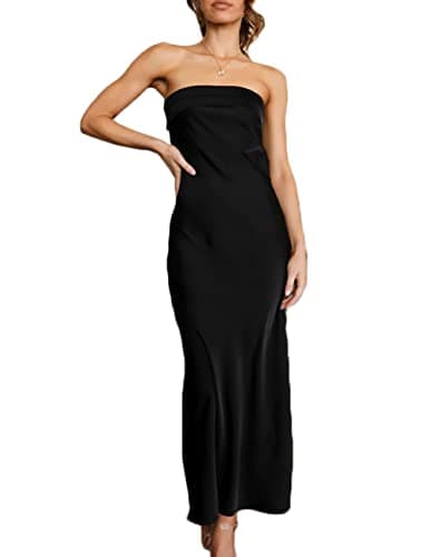 Realtix Satin Silk Backless Tube Tops Maxi Dress for Women Low Back Hollow Out Elegant Strapless Long Dresses Wedding Guest Black - Image 1
