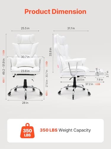 VEVOR Reclining Office Chair with Footrest, Heavy Duty PU Leather Oversize Office Chair, Big and Tall Executive Office Chairs with Lumbar Support, Strong Metal Base Quiet Wheels, White - Image 2
