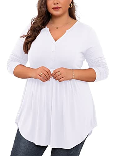 SHIJIALI Women's Plus Size Henley Shirts V Neck Button Tunic Tops Casual Long Sleeve Swing Flowy Blouse White-4X-Large - Image 5