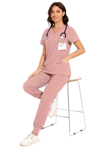 COZYFIT Scrubs for Women - V-Neck Top & Cargo Pants Scrubs Set with 10 Pockets - Pink, S, Tall - Image 6
