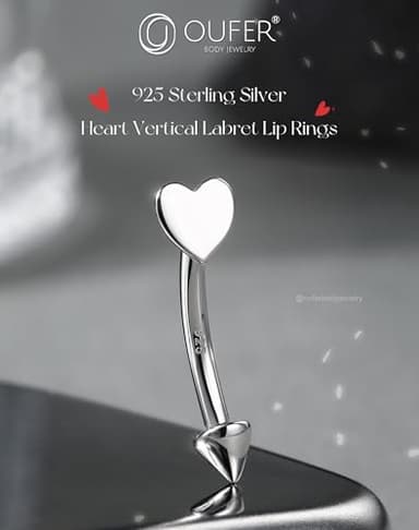 OUFER 925 Sterling Silver Rook Piercing Jewelry, Heart Eyebrow Rings, Silver Vertical Labret Lip Jewelry, Curved Barbell 16G, Rook Earrings for Women Men-8mm - Image 3