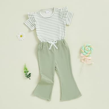 Demdzq Toddler Baby Girl Summer Clothes Striped Ruffles Short Sleeve T-Shirt Top Elastic Flare Pants Infant Spring Clothes (Cute Green, 2-3T) - Image 6
