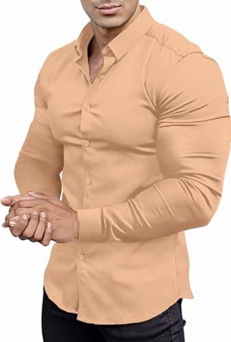 EOUOSS Men’s Muscle Fit Dress Shirts Athletic Slim Fit Long Sleeve Stretch Casual Button Down Shirt Light Orange Medium - Image 1