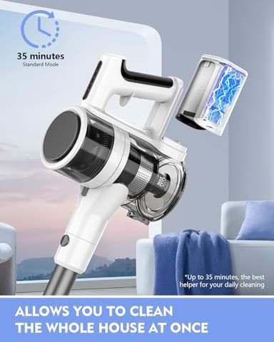 Ljuren Vacuum Cleaners for Home, 80,000PRM Powerful Motor Cordless Vacuum with Removable 2200mAH Battery up to 35 Mins Worktime, 2 Adjustable Modes and Detachable Parts Stick Vacuum (White Zinc Gray) - Image 4