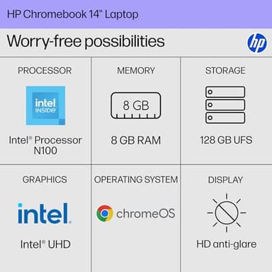 HP Chromebook 14 inch Laptop, HD Display, Intel Processor N100, 8 GB RAM, 128 GB UFS, Intel UHD Graphics, Chrome OS, Chalkboard Gray, 14a-nf0099nr - Image 2
