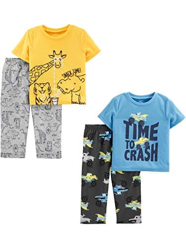 Simple Joys by Carter's Boys' 4-Piece Pajama Set (Short Sleeve Poly Top & Fleece Bottom), Forest Animals/Monster Trucks/Text Print, 3T - Image 1