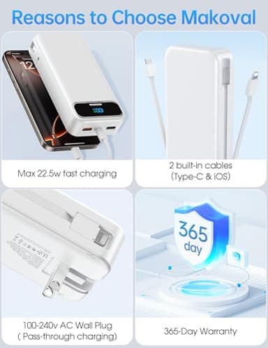 Portable-Charger Power-Bank with Built-in Cables & AC Wall Plug - 20000mAh PD 20W Fast Charging for iPhone,Android, USB-C,Rechargeable External Battery Pack for Cell Phone,Type C cords,Travel White - Image 6