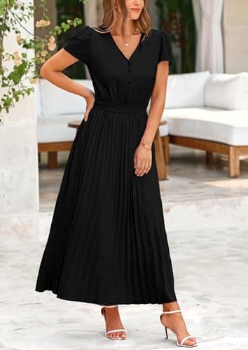 PRETTYGARDEN Women's Summer Maxi Dresses 2025 Trendy Casual Button V Neck Ruffle Cap Sleeve Long Flowy Pleated Dress (Black,Medium) - Image 5