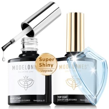 modelones Gel Top Coat, 15 ml 2025 Upgrade Super Shiny Base and Top Coat Set, Soak Off Nail Lamp Acid Free No Wipe Clear Base Top Gel Nail Polish - Image 1