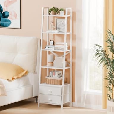 Furologee 5-Tier Ladder Shelf with 2 Drawers,Narrow Bookshelf Storage Shelves,Industrial Bookcase Freestanding Rack Units for Bedroom,Living Room,Bathroom,Home Office,Balcony,Wood Metal, White - Image 7