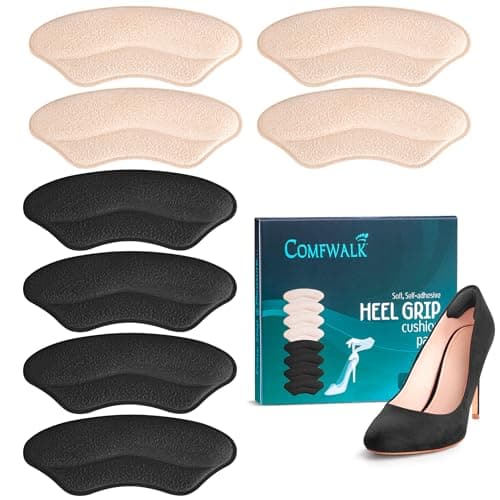 Comfwalk Heel Grip Cushion Pads - 4 Pairs, Self-Adhesive, Shoe Inserts for Loose Shoes, Snug Fit, Blister Prevention, Heel Comfort for Men and Women, Ideal for High Heels (Black & Beige, Lip-Shaped) - Image 1