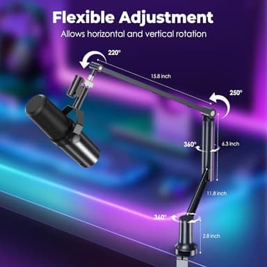 CreaDream Mic Boom Arm, Low Profile Microphone Arm Stand Desk Mount with Screw Adapter, Phone Holder, Detachable Rise Column, Cable Management, for Live Streaming, Gaming, Podcasting, Radio - Image 3