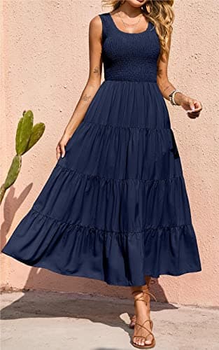 PRETTYGARDEN Women's Casual Loose Plain Maxi Sundress Smocked Tank Dress Sleeveless Summer Beach Tiered Long Dresses (Navy,Large) - Image 6