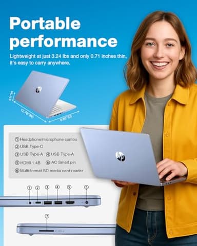 HP Slim Laptop for Business & Student - Windows 11 Pro • 1-Year Microsoft Office 365 • 14 inch HD • Intel Quad-core CPU • 16GB RAM, 128GB UFS, 256GB Micro SD • Sleek Design Portable Laptop • Sky Blue - Image 3