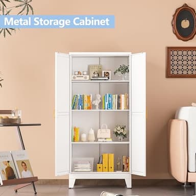 RISTERN White Metal Storage Cabinet, 48" Steel Cabinets for Home Office, Kitchen Pantry Storage Cabinet with Doors and 3 Adjustable Shelves, for Office, Home, Garage, School - Image 4