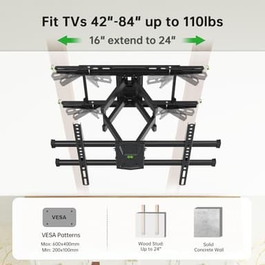 USX MOUNT UL Listed TV Wall Mount for 42"-84" TVs up to 110lbs and 8"-24" Wood Studs, TV Mount with Tilt, Swivel & Extension, Wall Mounts Bracket with Dual Articulating Arms, Max VESA 600x400mm - Image 2