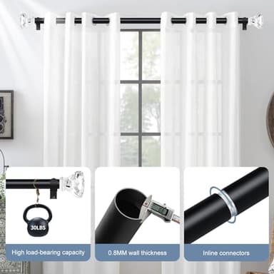 TVWOO Black Decorative Crystal Curtain Rods 36 to 88 Inch:Heavy Duty Adjustable Window Curtains Rods for Living Room Bedroom,Matte Black Modern Acrylic Drapery Rod with Clear Bling Diamond Finials - Image 2