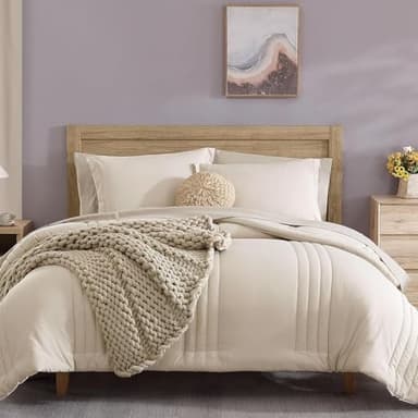 Monbix Queen Comforter Set - 7 Pieces Beige Bed in a Bag Queen Bedding Sets with Comforters, All Seasons Comforter Bed Set with Sheets,Pillowcases & Shams - Image 1