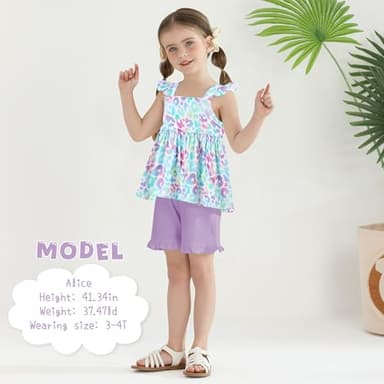 YUEMION Toddler Girl Clothes, 2Pcs Baby Girl Summer Outfits Ruffle Sleeveless Shirts Floral Tops + Shorts Clothing Set(Colorful Leopard + Purple, 2-3T) - Image 3