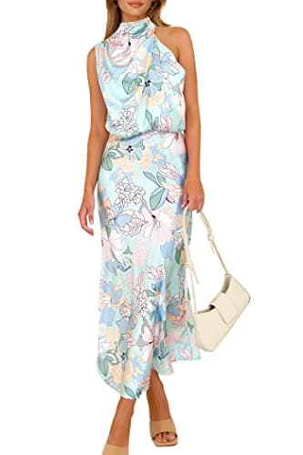 PRETTYGARDEN Women's 2025 Summer Satin Dress Elegant Sleeveless Mock Neck Cocktail Party Maxi Dresses (Print Blue,Large) - Image 1