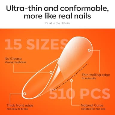 modelones Gel Nail Kit Almond, Upgrade 15Sizes Fake Nails, 9-in-One Glue Dehydrator & Mini U V Light Clipper, 510Pcs Medium Almond Press on Tips for Extension DIY Salon Home Gift - Image 9