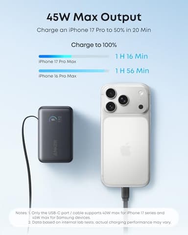 Anker Nano Portable Charger, 10,000mAh 45W Max Compact Power Bank, Travel Essential Phone Battery Pack with 2.3 ft InstaCord Retractable Cable for iPhone 17/16 Series, iPad, Galaxy, Pixel, and More - Image 3