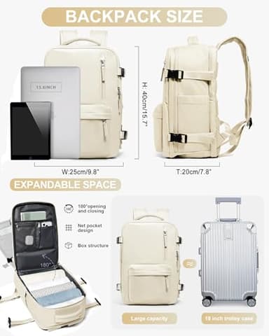 Travel Backpack Women,Carry On Backpack Flight Approved 18x14x8 inches Bag Spirit Airlines Personal ltem,College Sports Hiking Rucksack Waterproof Casual Daypack Laptop Blackpack Men,Beige - Image 3