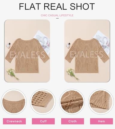EVALESS Womens Fashion Spring Tops Resort Wear for Women 2025 Short Sleeve Summer Sweaters Lightweight Crochet Hollow Out Beach Vacation Outfits Off The Shoulder Womens Clothes Khaki Shirts, Medium - Image 6