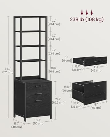 VASAGLE File Cabinet, Home Office Filing Cabinet with Height-Adjustable Open Shelves, 3 Drawers, for A4, Letter-Size Hanging File Folders, Steel Frame, for Home Office, Ebony Black UOFC078B16 - Image 2