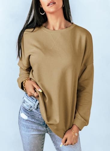 Dokotoo Womens Casual Long Sleeve Crewneck Sweatshirt Side Split Loose Fit Solid Basic Pullover Tunic T Shirts Tops Sweatshirts for Women 2025 Fashion Fall Khaki Large - Image 2