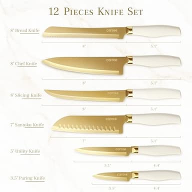 CAROTE 12PCS Kitchen Knife Set, Healthy Gold Titanium Coating Knife Set, Dishwasher Safe with 6 Blade Guards, Rustproof Stainless Steel Cutlery Set, White and Gold - Image 3