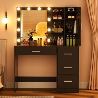 usikey Makeup Vanity with Lights, Vanity Desk with Mirror and 10 LED Lights, Vanity Table Set with 4 Drawers, Cabinet & 4 Necklace Hooks, Dressing Table for Bedroom, White - Image 8