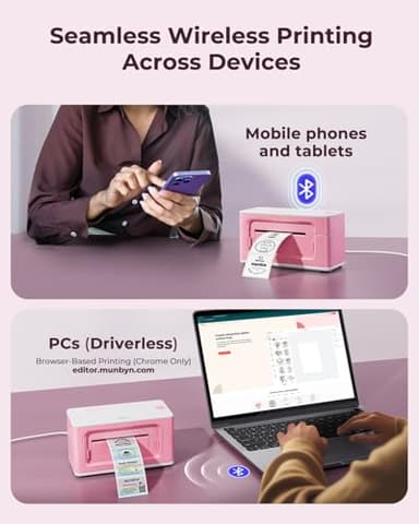 MUNBYN Bluetooth Thermal Label Printer 941B, Wireless 300DPI 4x6 Shipping Label Printer for Small Business, Compatible with Windows, Mac, iPhone, Android, PC, Ebay, Amazon, Shopify, Etsy, USPS (Pink) - Image 3